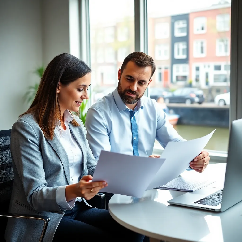 Persoon die hypotheekdocumenten bestudeert met financieel adviseur