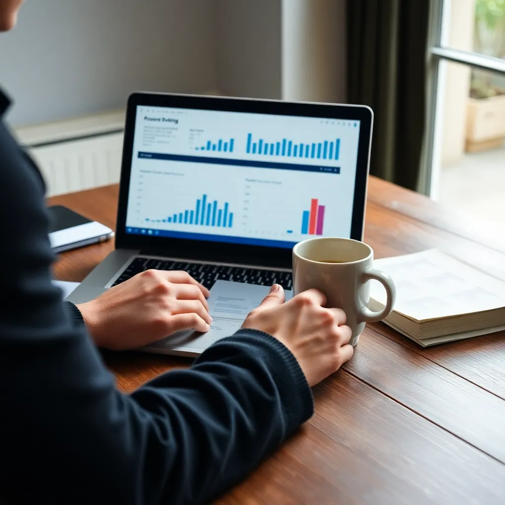 Persoon die online bankiert op laptop met financiële grafieken