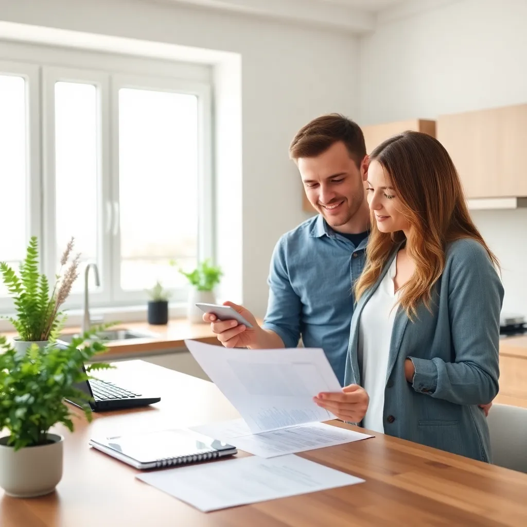 Een jong stel dat samen hun financiën plant aan een keukentafel